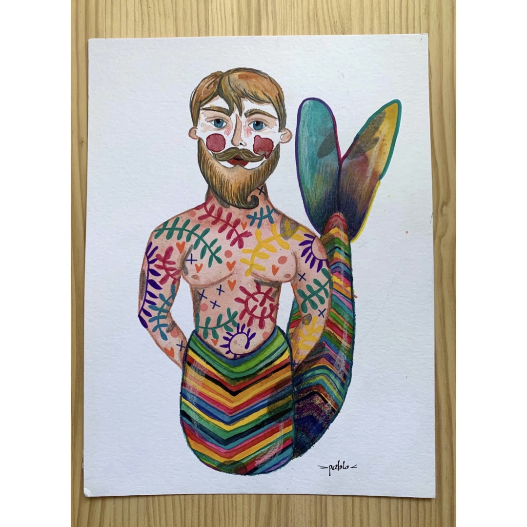Original illustration mermaid man watercolor
