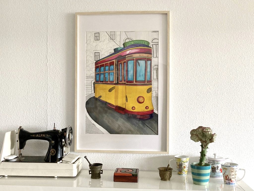 tranvia paisaje Lisboa acuarela